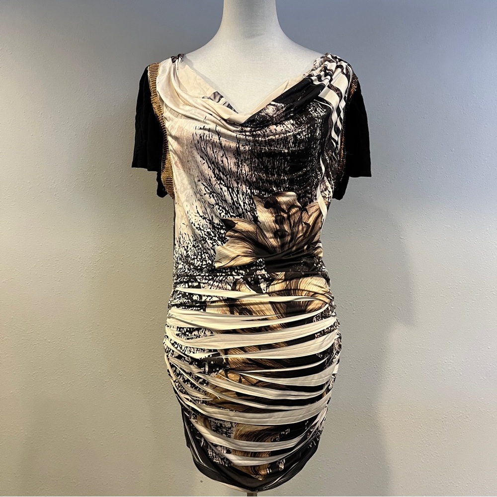 Elegant Black and Cream Draped short sleeves mini stretchy Dress size large‎